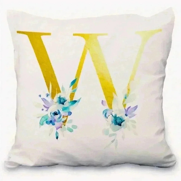 Pillow Covers 18x18” 1 pc W Alphabet Linen White/Gold W Blue Floral Boho Cottage - Picture 5 of 16